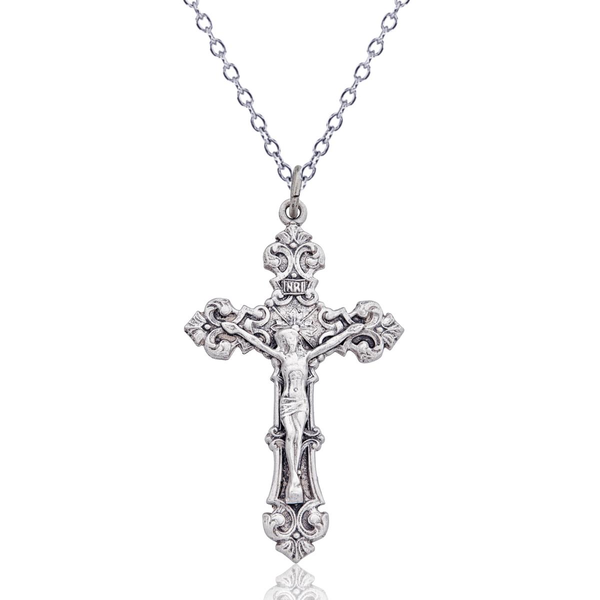 Sterling Silver Rhodium Oxidized Antique Crucifix Cross 18" Necklace