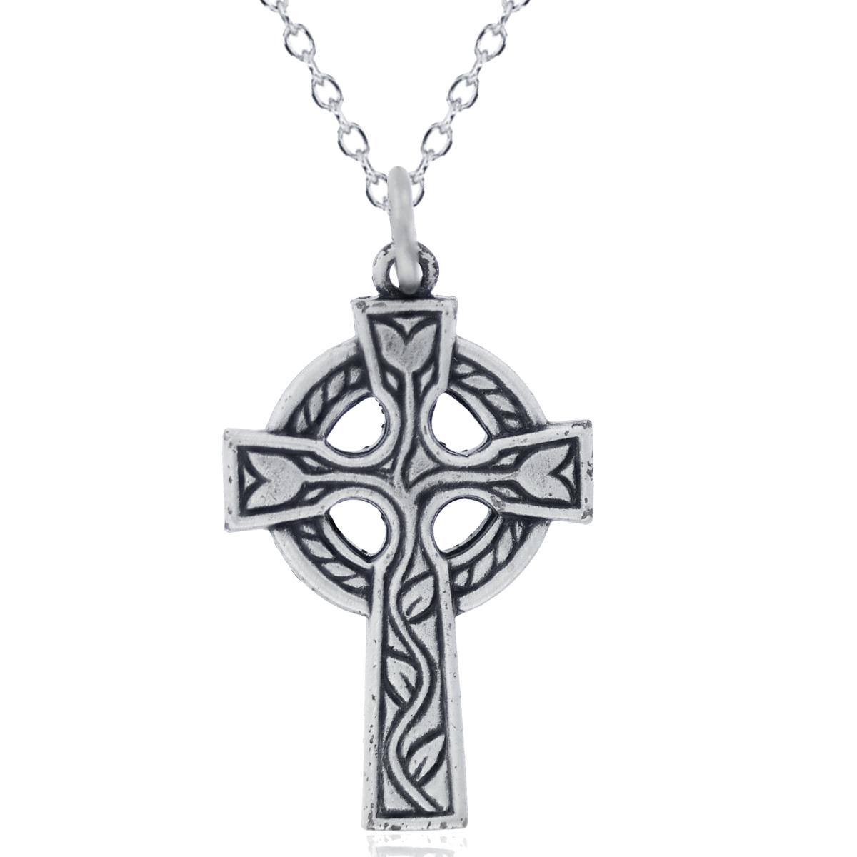 Sterling Silver Rhodium Oxidized Antique Circle of Life Cross 18" Necklace