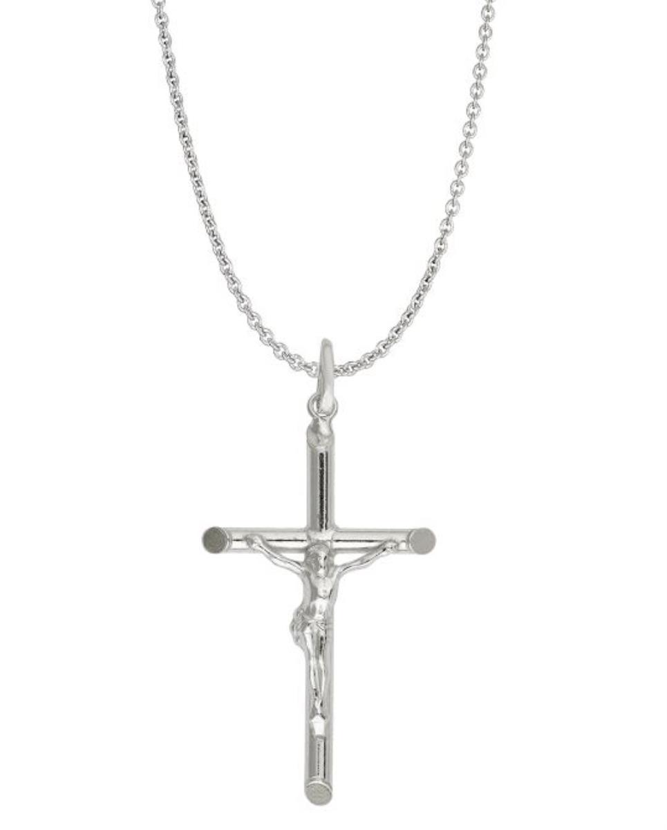 Sterling Silver Rhodium Tube Crucifix 18" Necklace