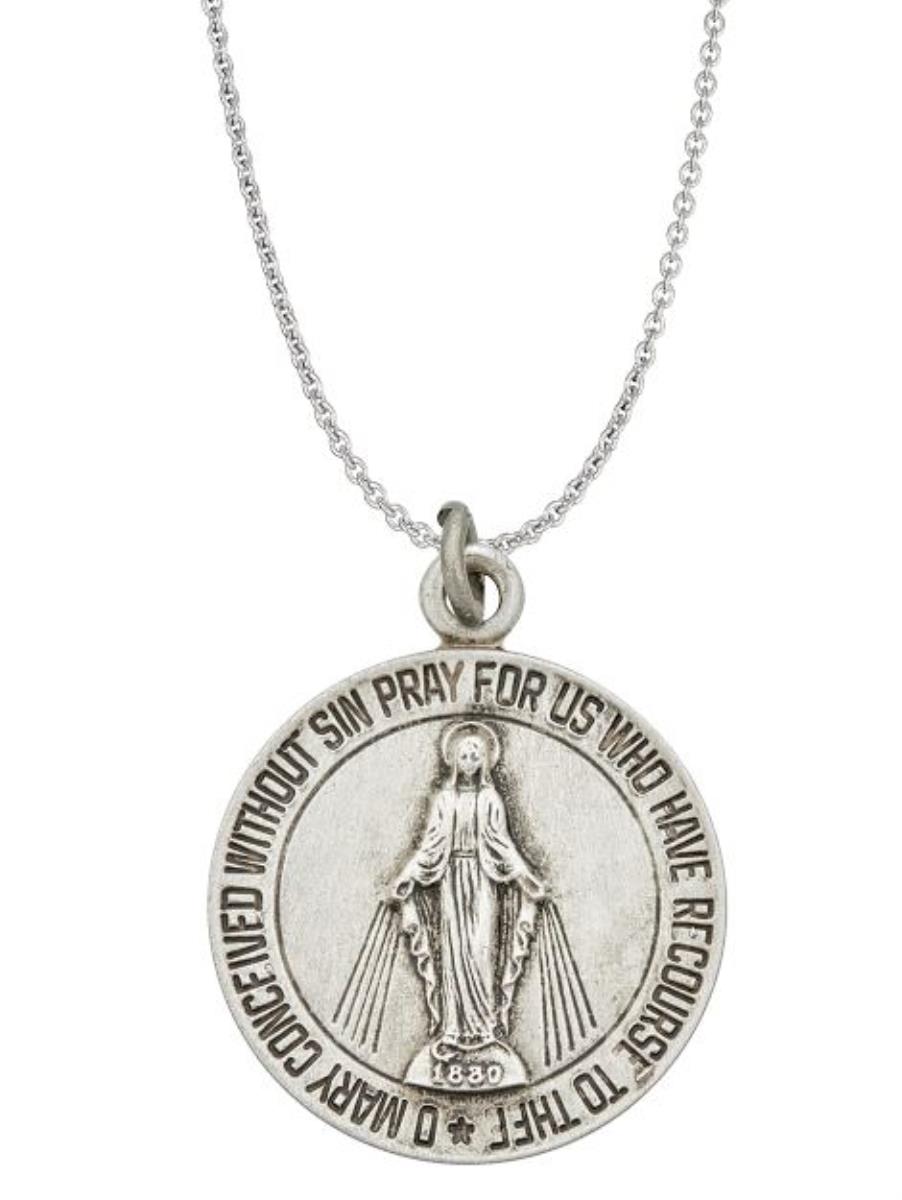 Sterling Silver Rhodium Oxidized Antique 20mm Virgin Mary 18" Necklace
