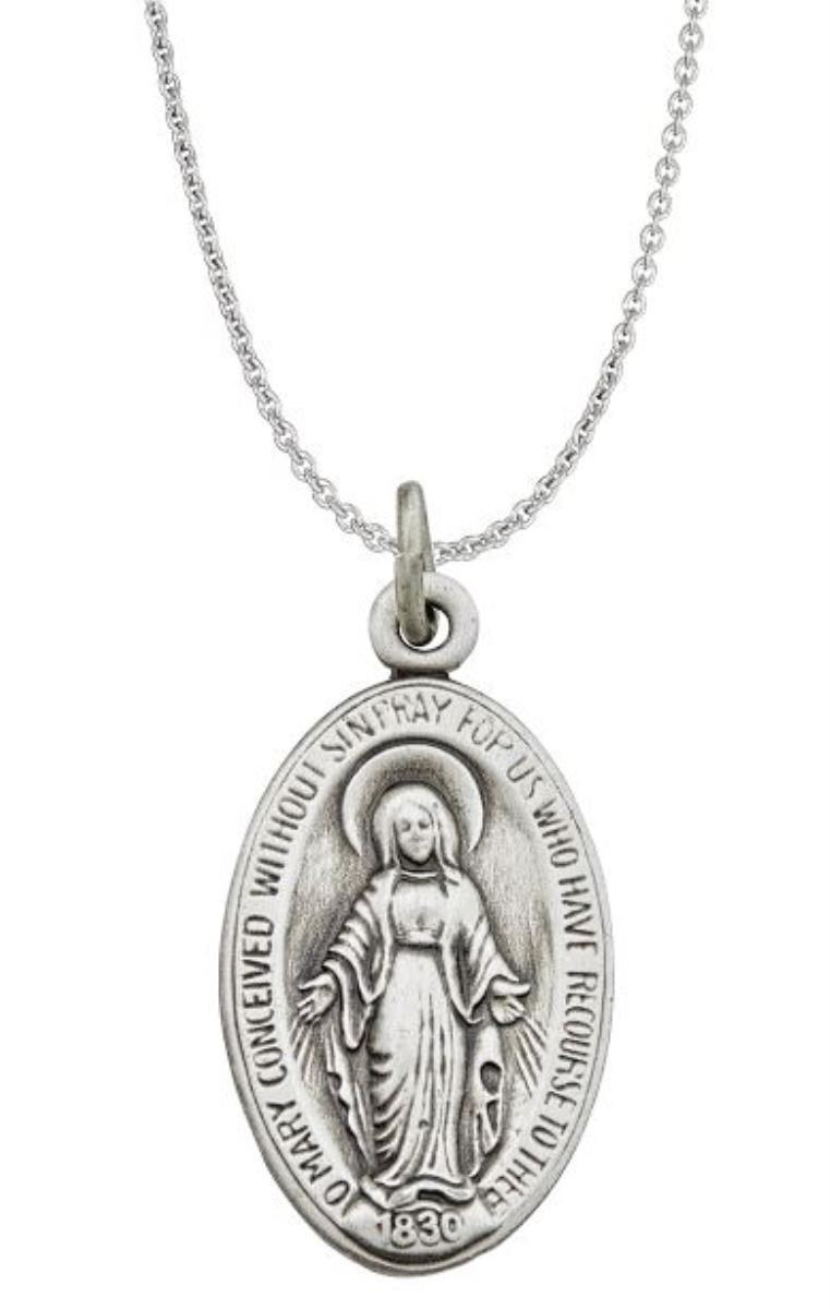 Sterling Silver Rhodium Oxidized 12x25mm Oval Virgin Mary 18" Necklace