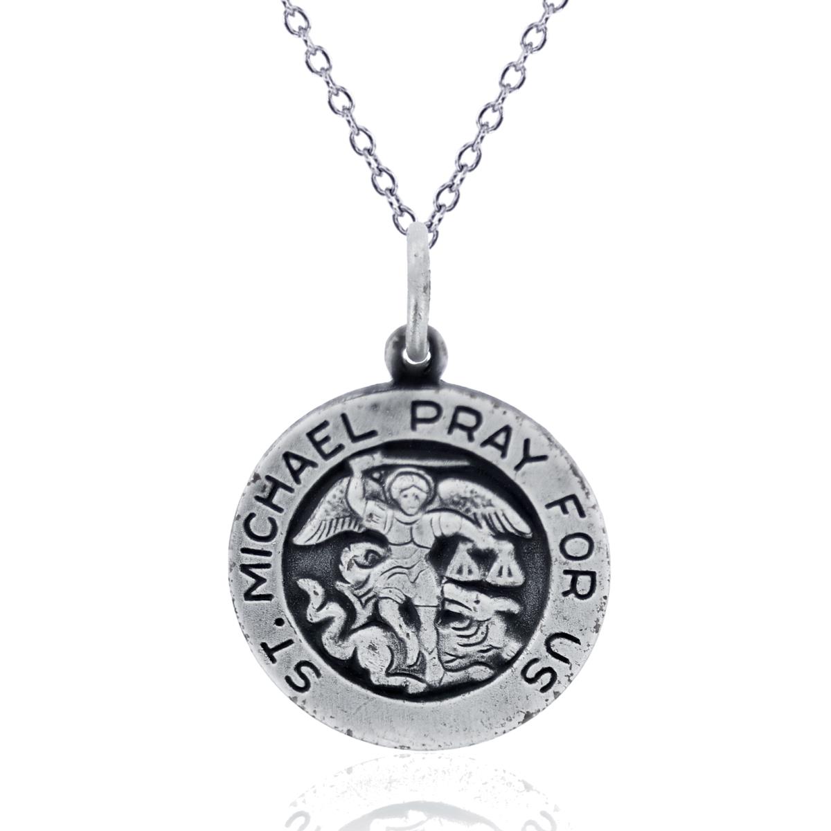 Sterling Silver Rhodium Oxidized 18mm ST. Michael 18" Necklace