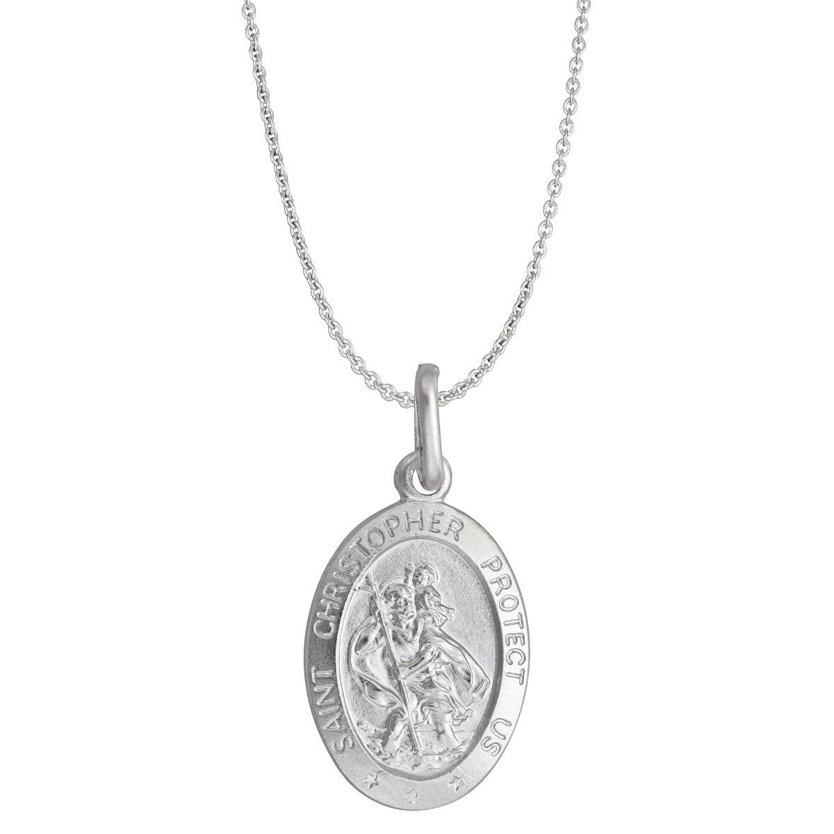 Sterling Silver Rhodium 20mm Oval St. Christopher Medal 18" Necklace