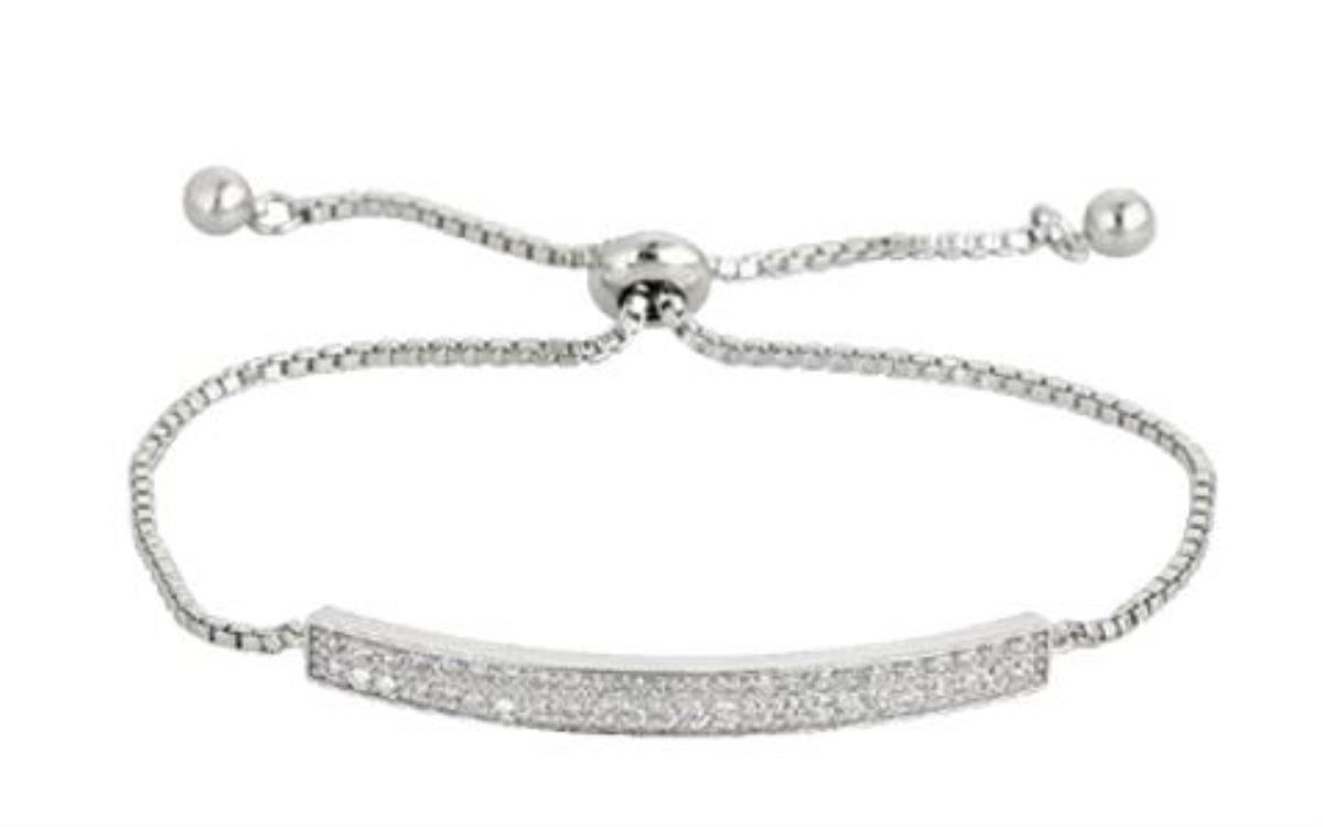 Sterling Silver Rhodium Adjustable CZ ID Bracelet With Ball Detail