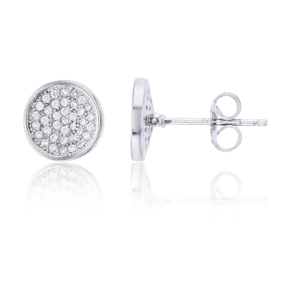 Sterling Siver Rhodium 9.5x9.5mm Micropave Round Disc Stud Earring