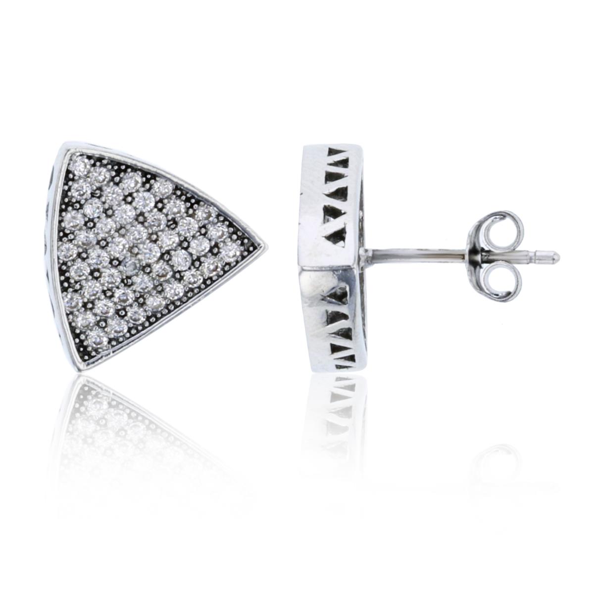 Sterling Silver Rhodium 12.4x11mm Micropave Triangle Stud Earring