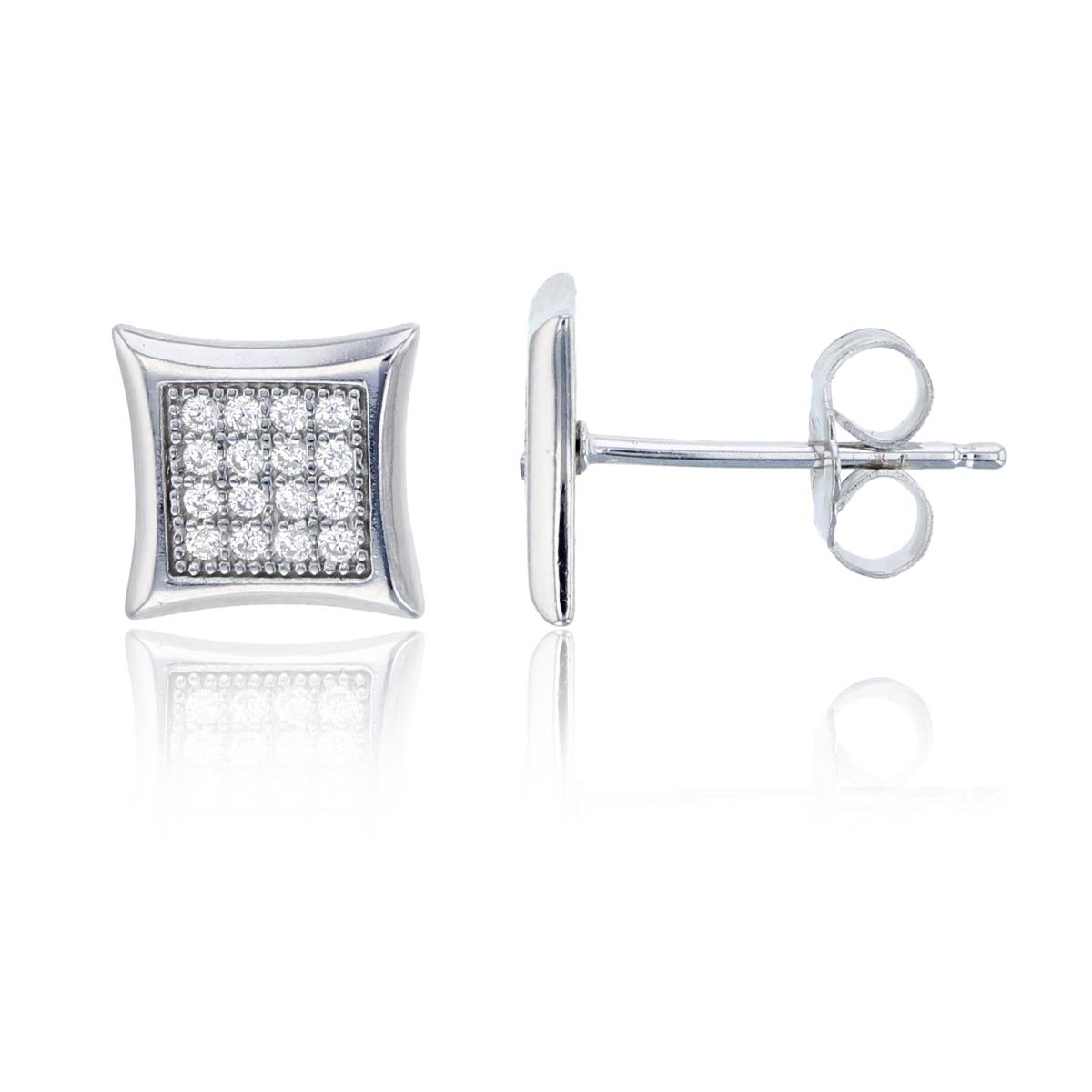 Sterling Silver Rhodium 7.8x7.8mm Curved Square Micropave Stud Earring