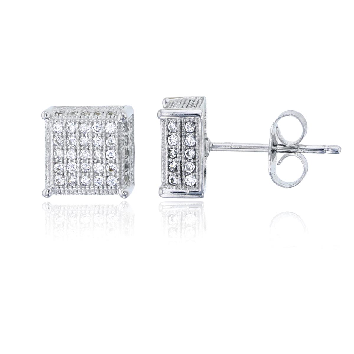 Sterling Silver Rdodium 8.3x8.3mm Micropave Square 3D Stud Earring