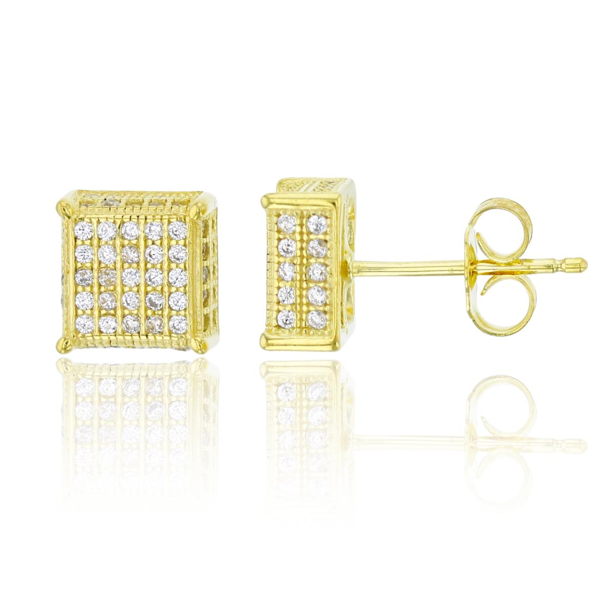 Sterling Silver Yellow 8.3x8.3mm Micropave Square Stud Earring