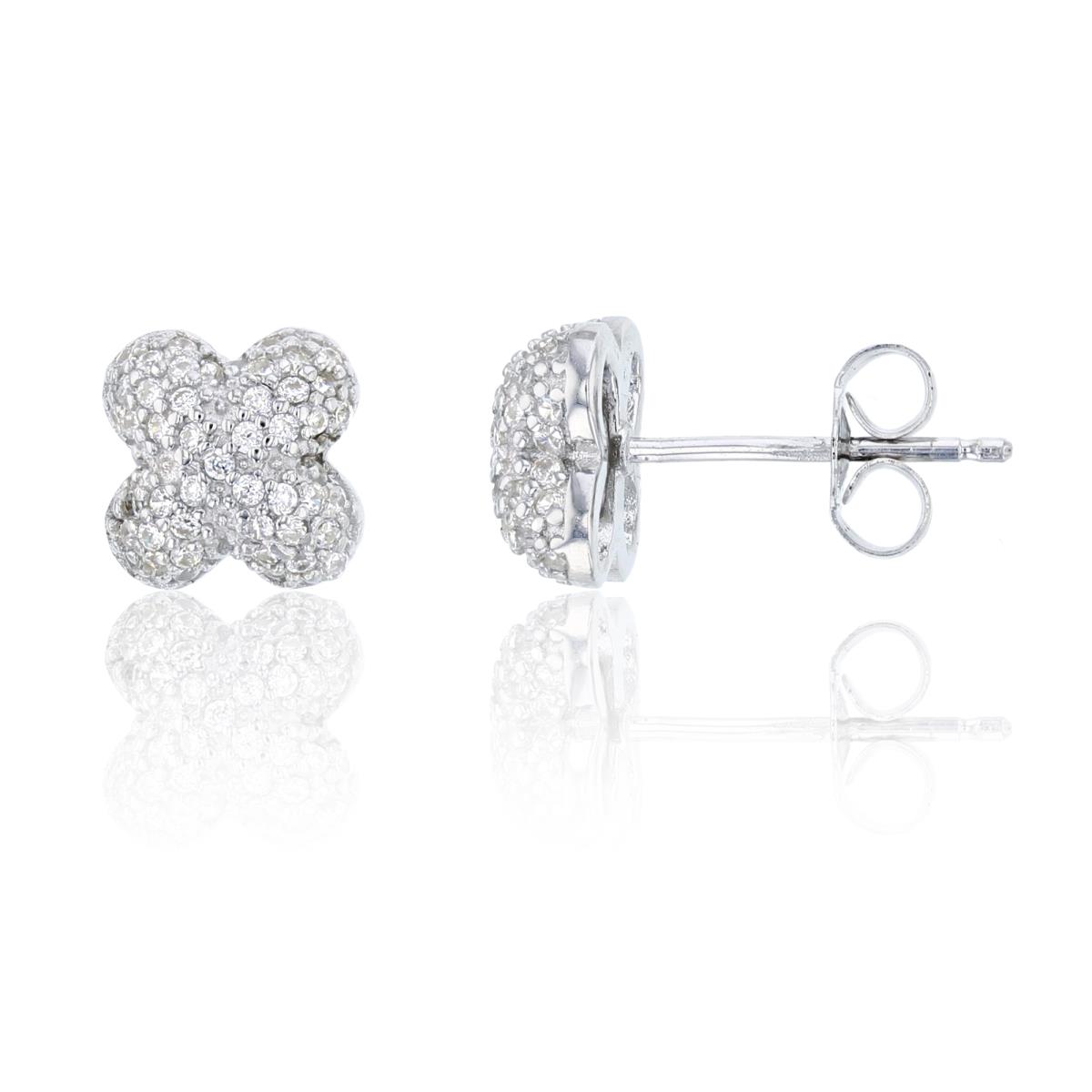 Sterling Silver Rhodium 8.2mm Puffed Clover Pave Stud