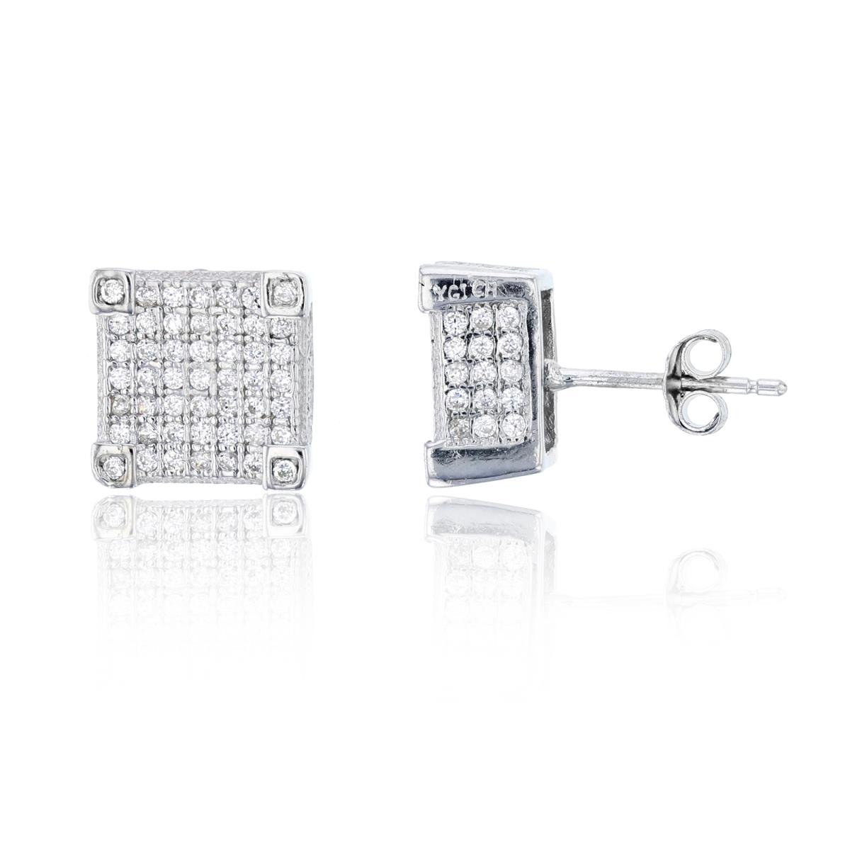 Sterling Silver Rhodium 9.55x9.55mm 3D Square Stud Earring