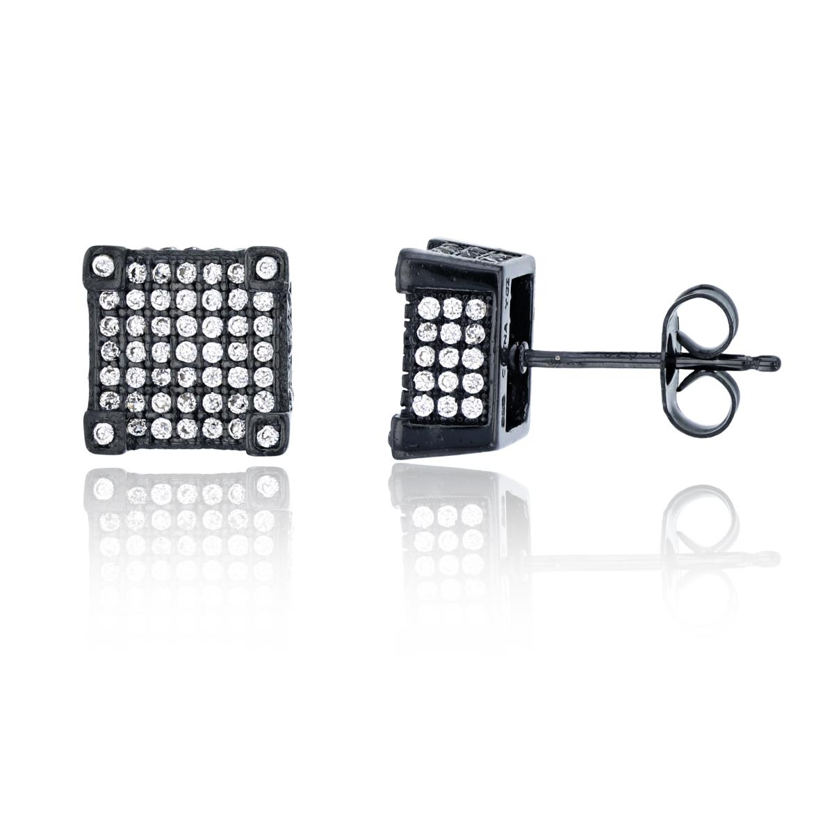 Sterling Silver Black 9.55x9.55mm  3D Square Stud Earring