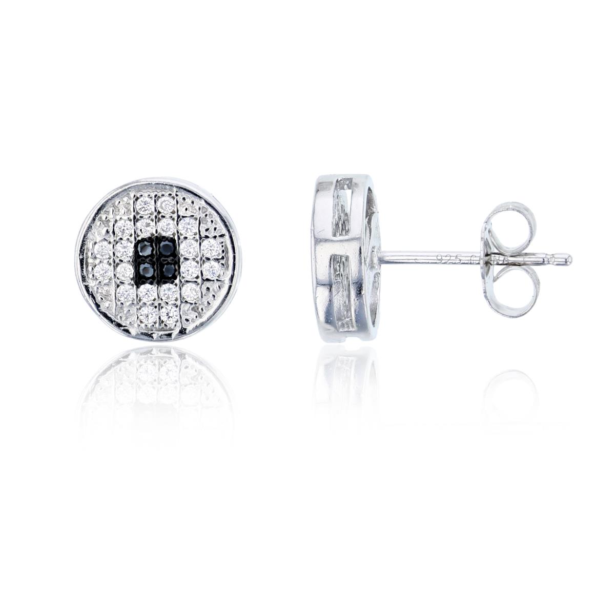 Sterling Silver Black & White 10.3x10.3mm  Micropave Round Stud Earring