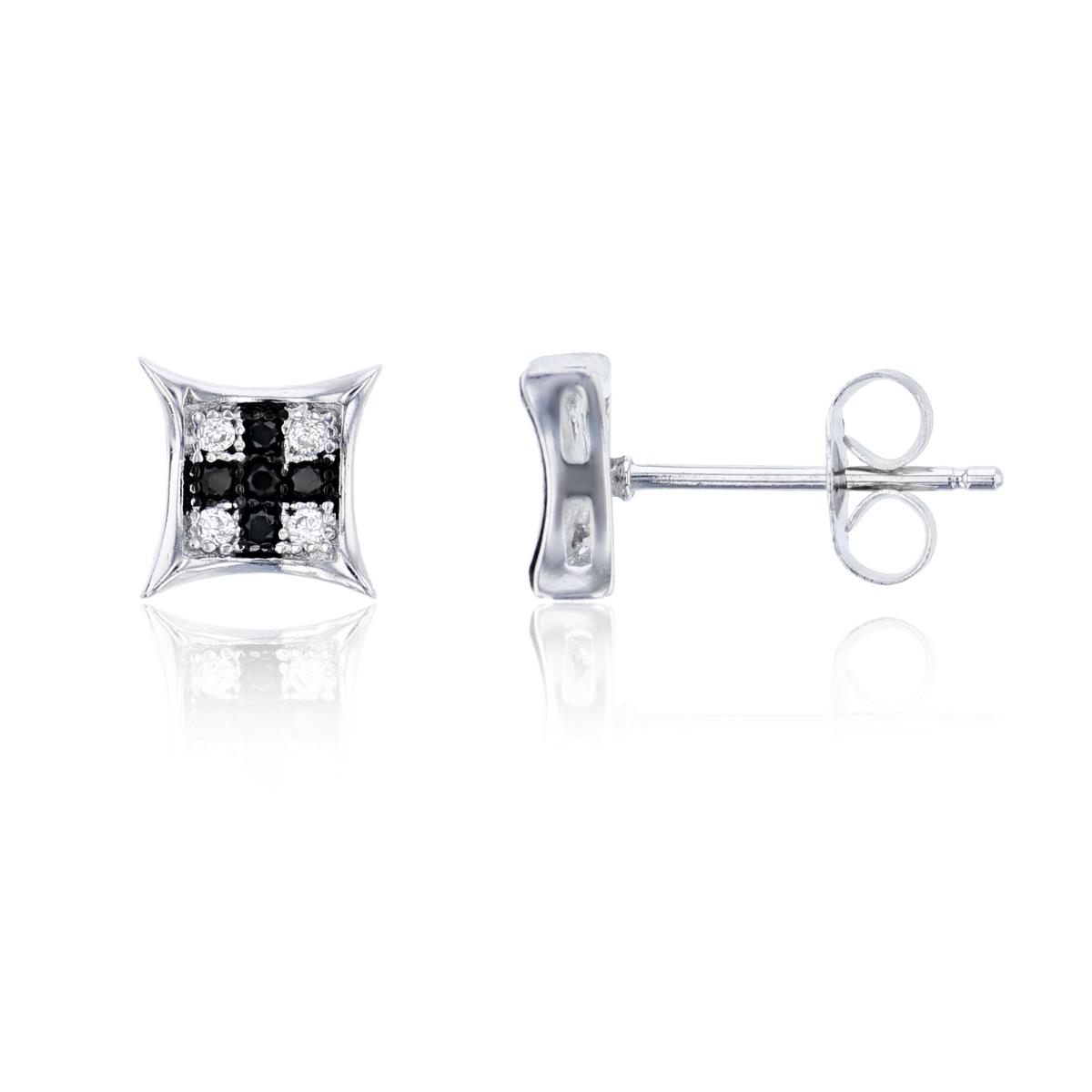 Sterling Silver Black & White 3x3mm Curved Square Stud Earring