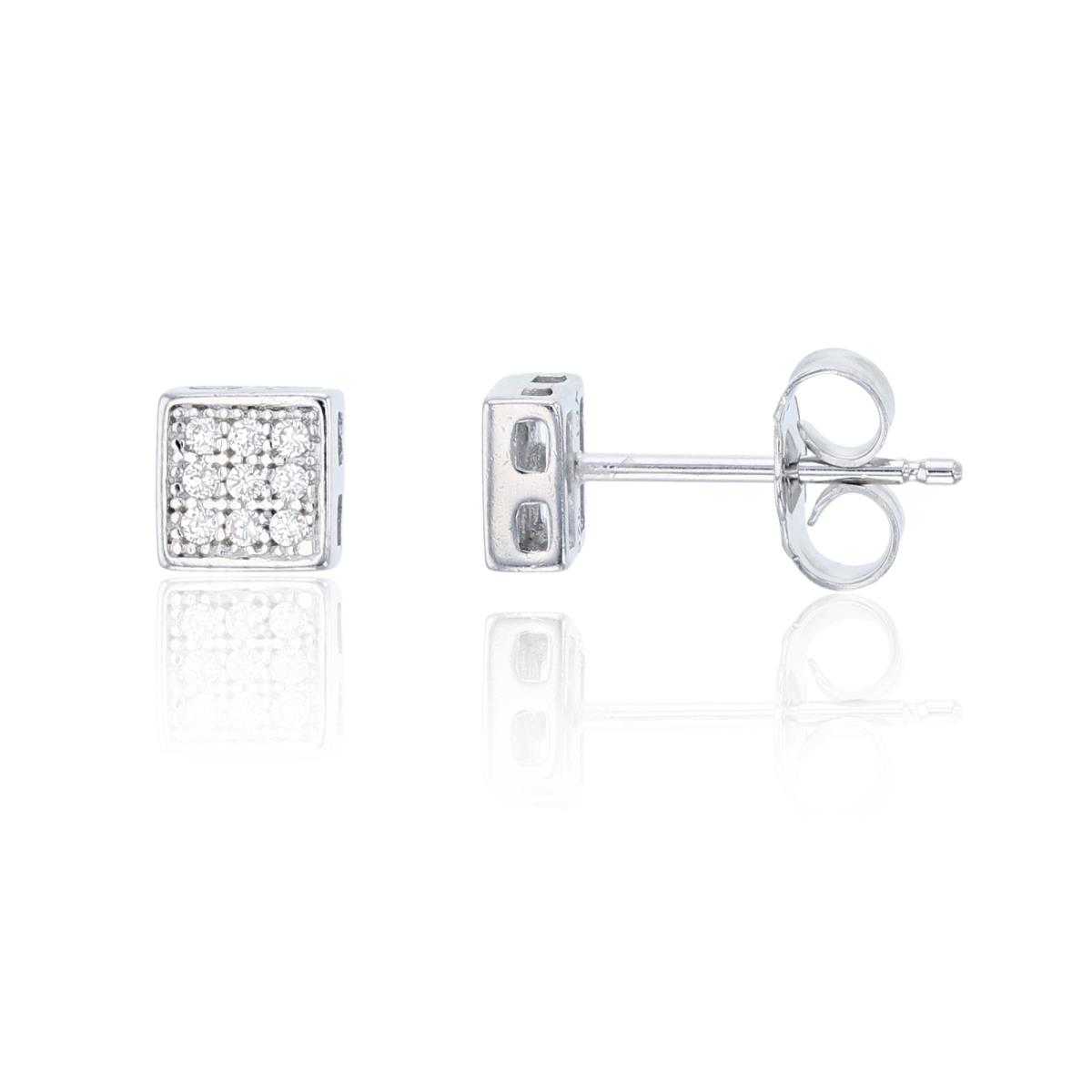 Sterling Silver Rdodium  3x3mm Pave Square Stud Earring