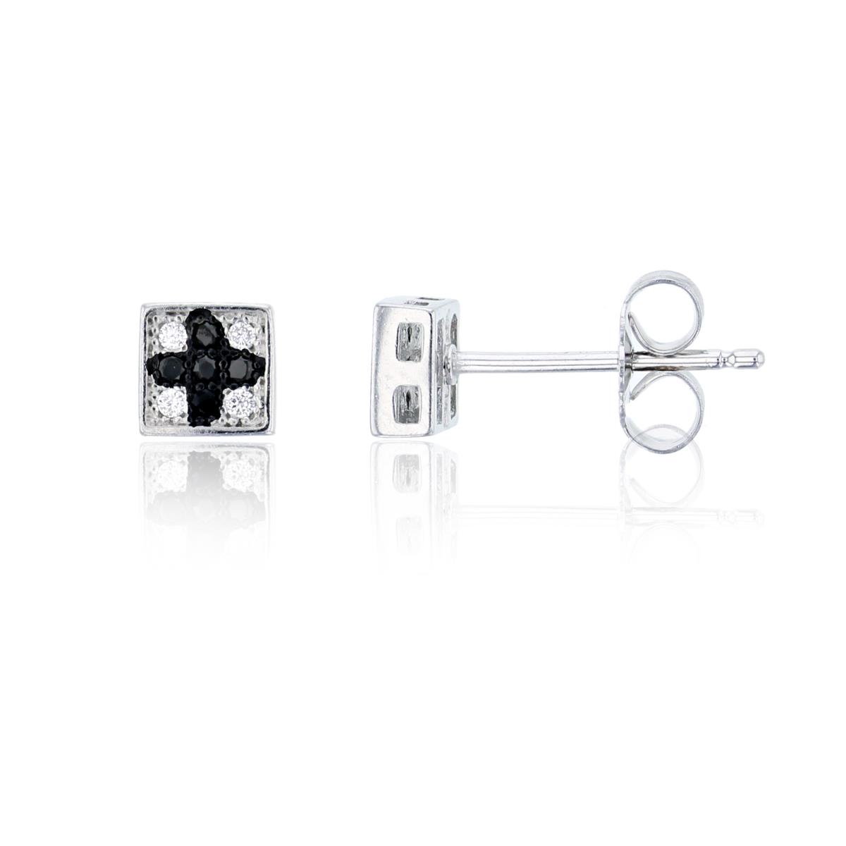 Sterling Silver Black & White 5.3x5.3mm Pave Square Stud Earring