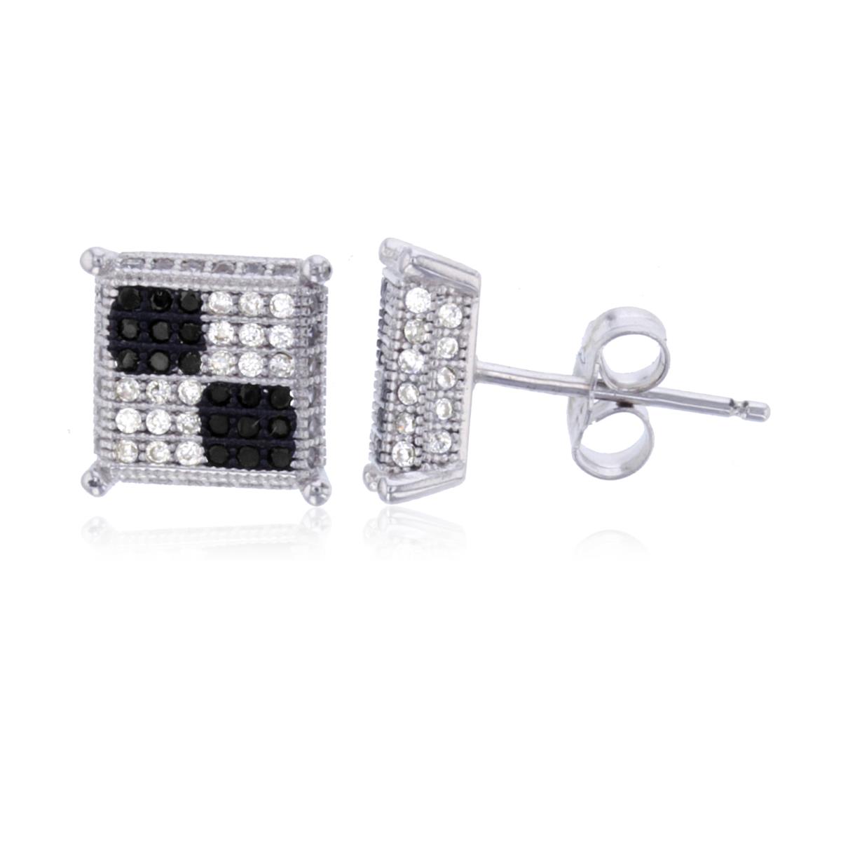 Sterling Silver Black & White 10.3x10.3mm Checkered Micropave Square Stud Earring