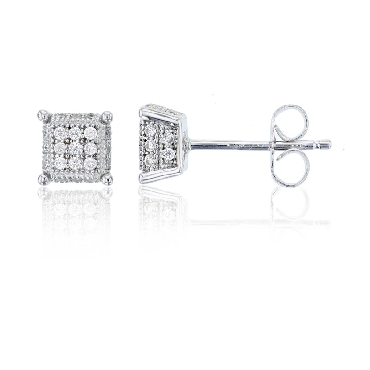 Sterling Silver 6.3x6.3mm Micropave 3D Square Stud Earring