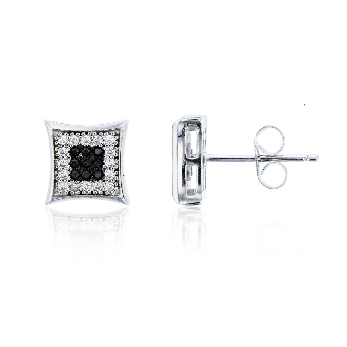 Sterling Silver Black & White 9.5x9.5mm Curved Square Micropave Stud Earring