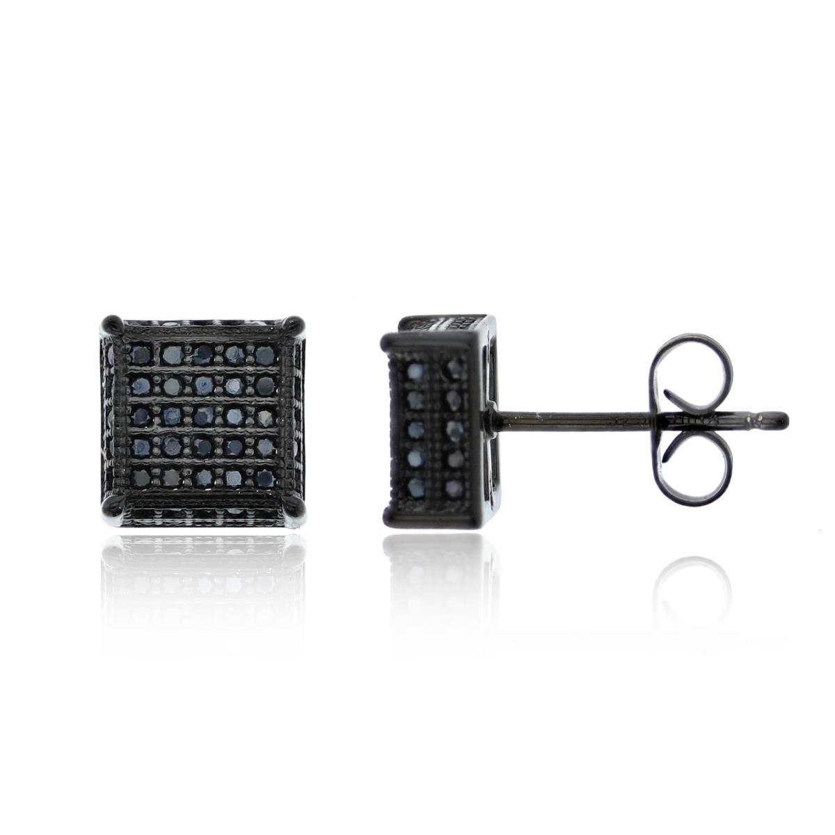 Sterling Silver Black 9x9mm Micropave 3D Square Stud Earring