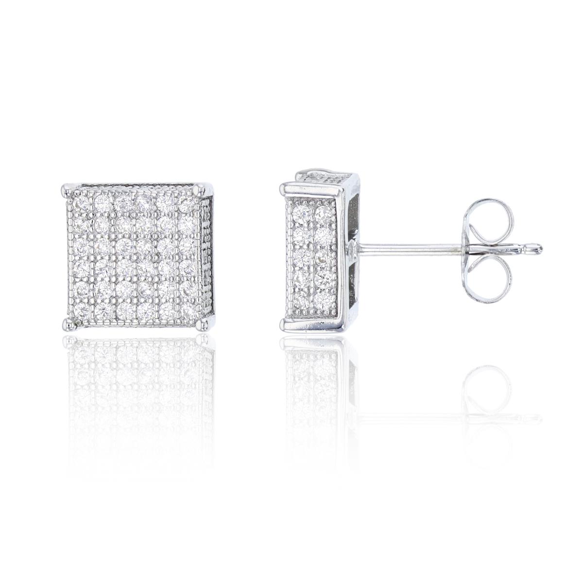 Sterling Silver Rhodium 10x10mm Micropave 3D Square Stud Earring