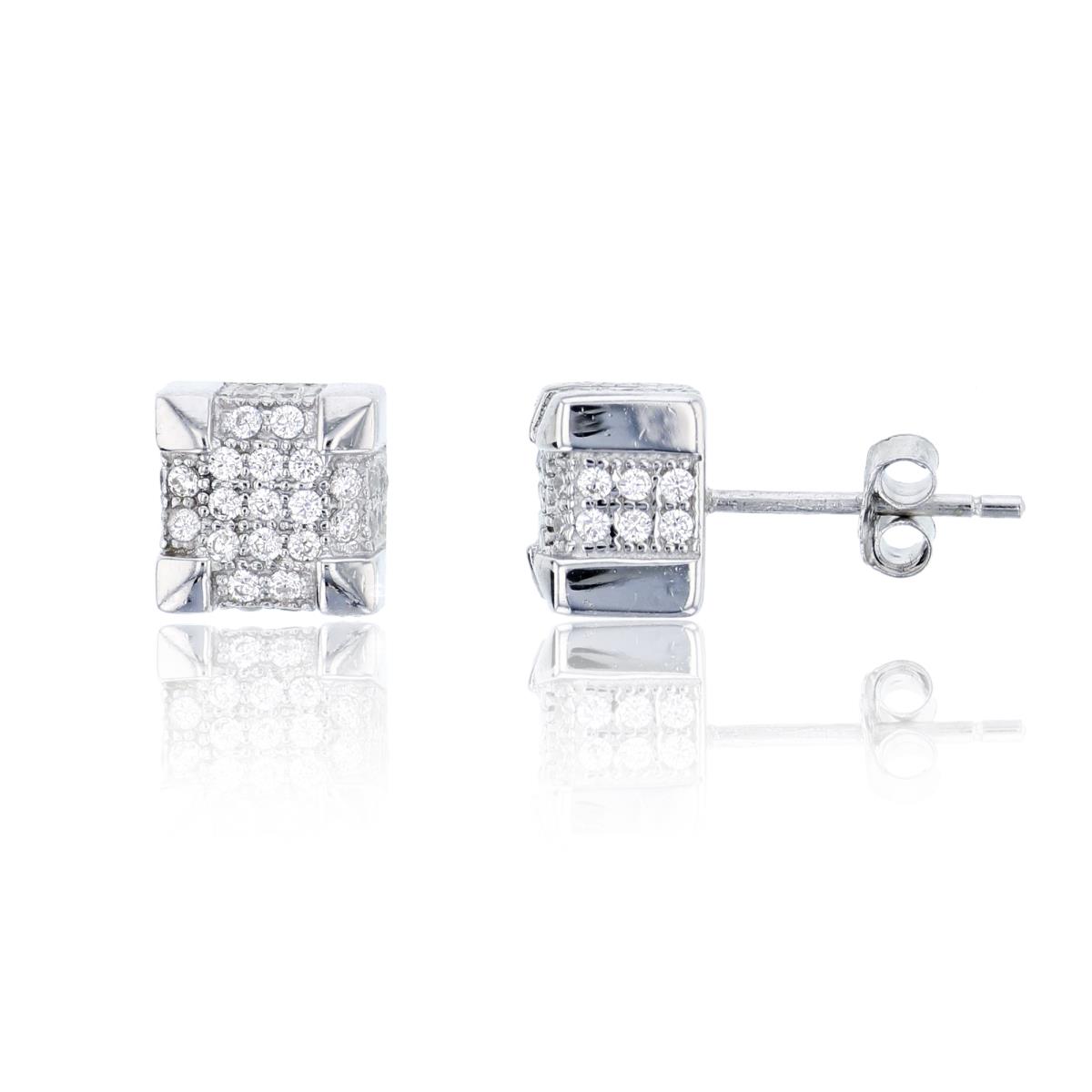 Sterling Silver Rhodium 7x7mm 3D Micropave Square Stud Earring