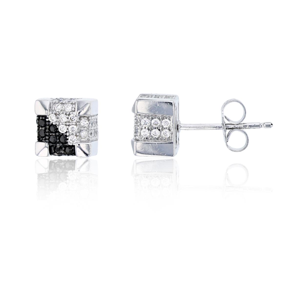 Sterling Silver Rhodium 7x7mm Black & White 3D Square Stud Earring