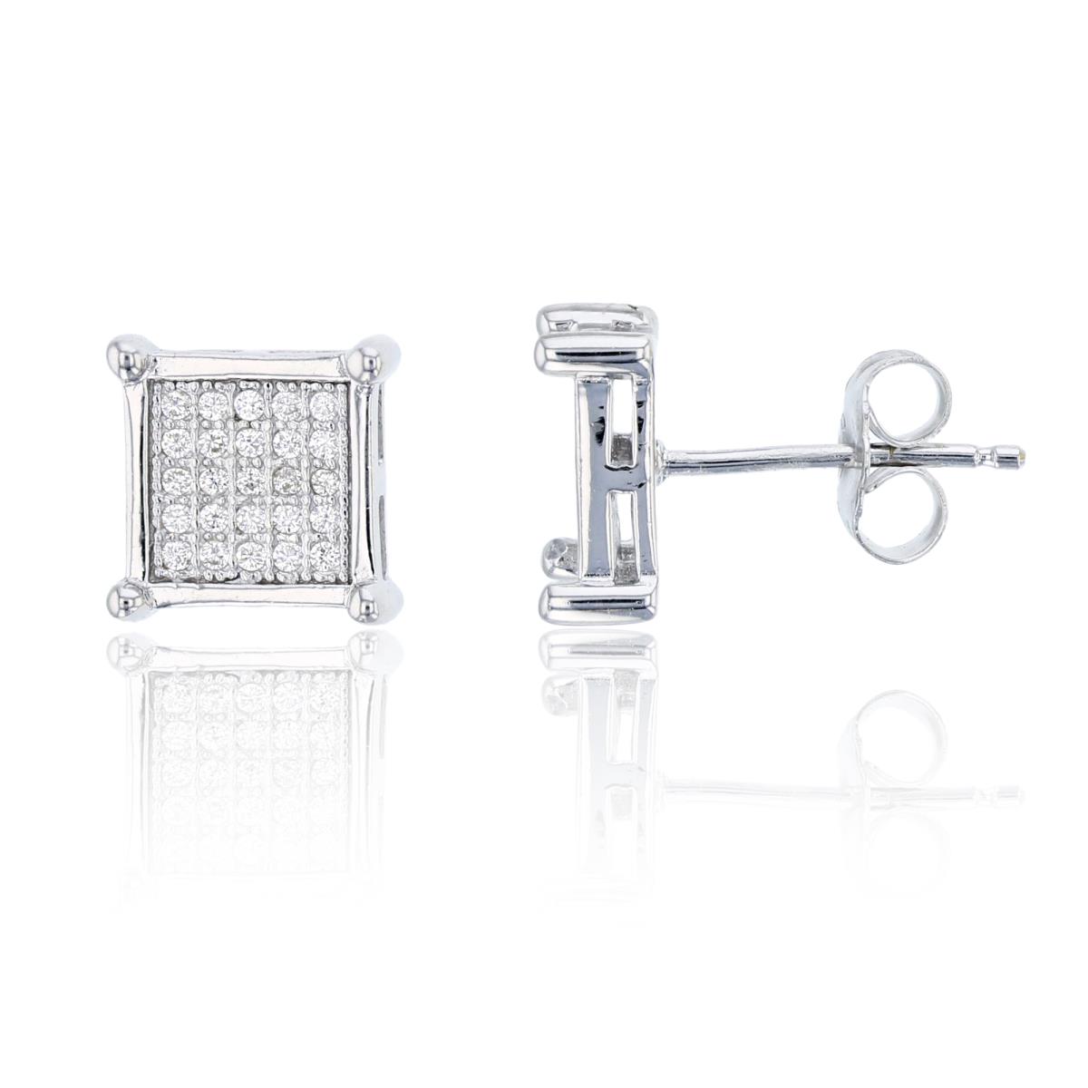 Sterling Silver Rhodium 9.5x9.5mm Micropave Square Stud Earring