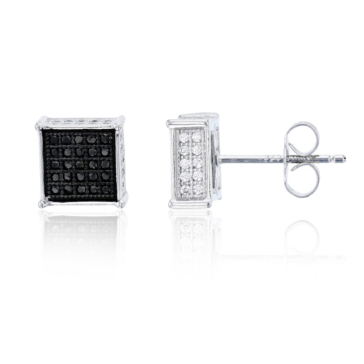 Sterling Silver Black & White 9x9mm Micorpave 3D Square Stud Earring