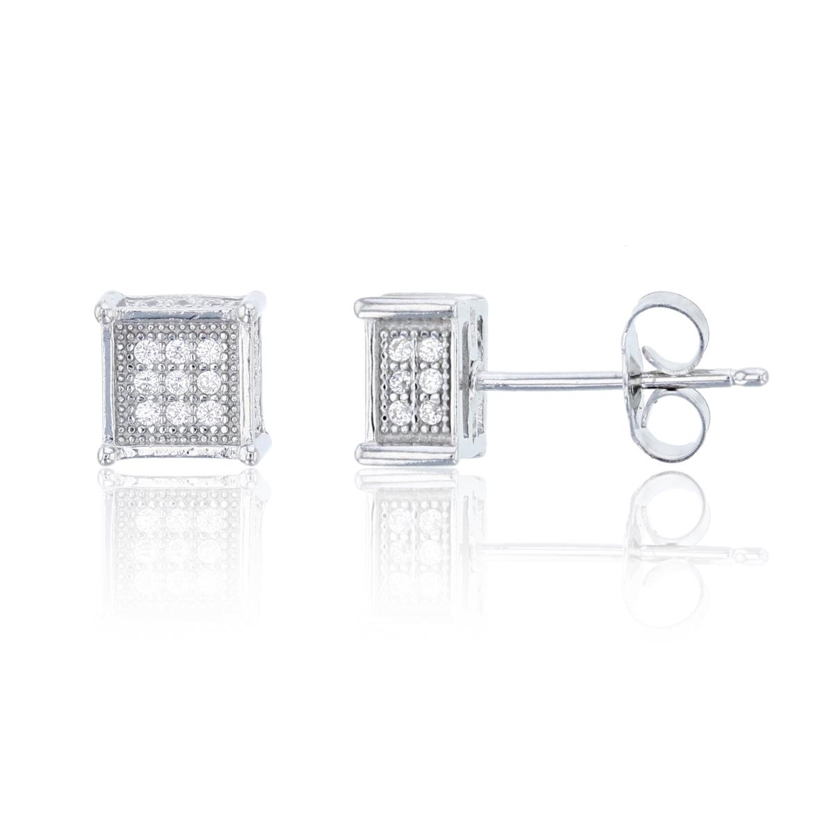 Sterling Silver 3x3 Micropave 3D Square Stud