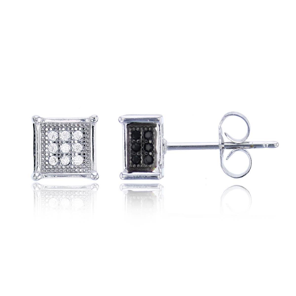Sterling Silver Black & White 7x7 Micropave 3D Square Stud