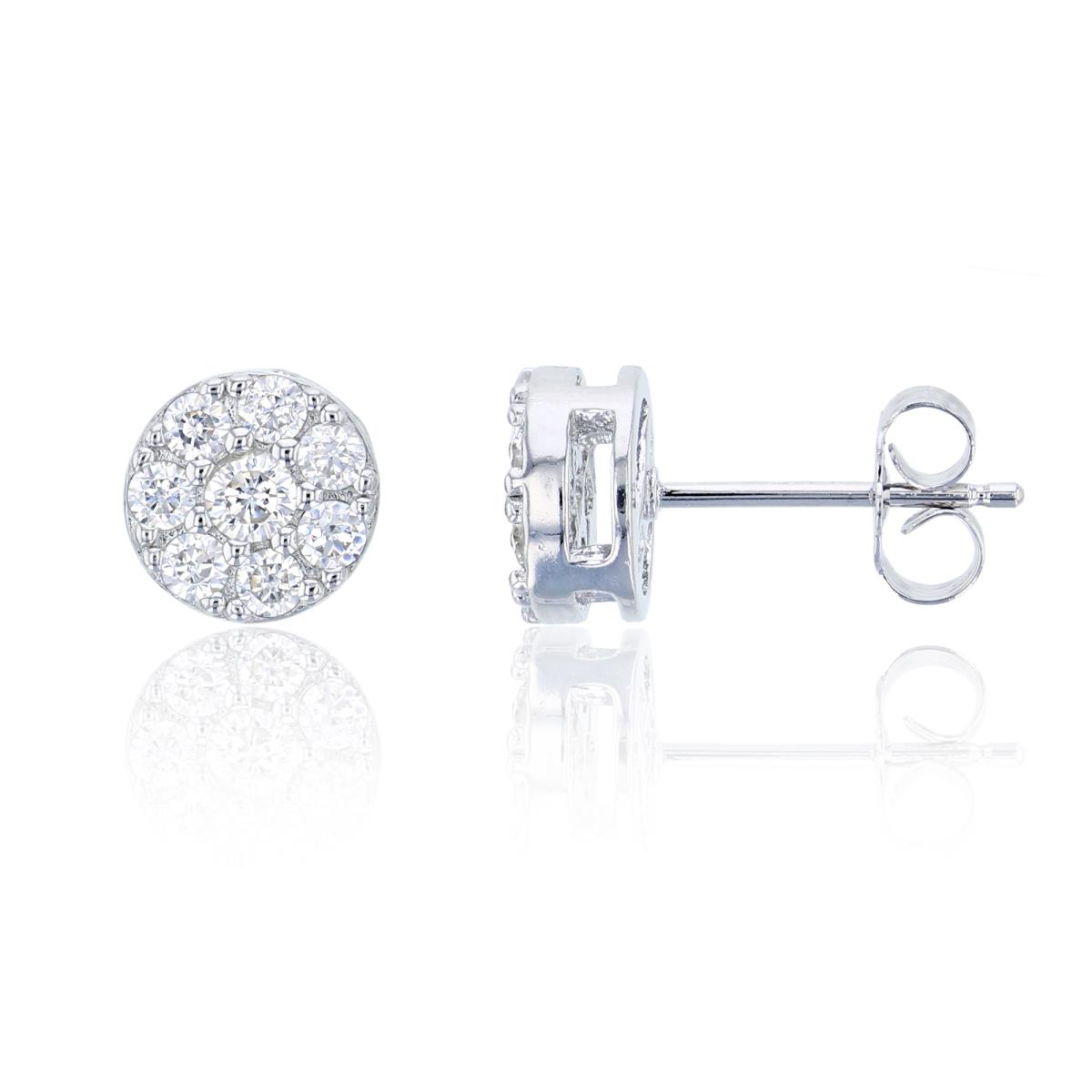 Sterling Silver Rhodium 8mm Round Pave Cluster Stud Earring