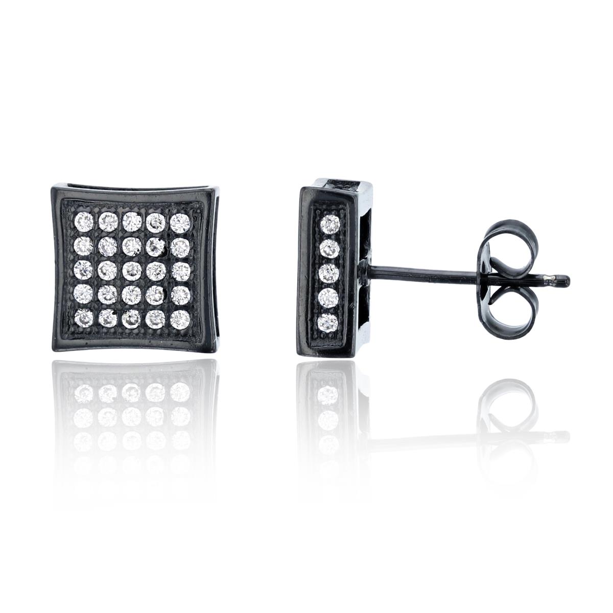 Sterling Silver Black 10x10mm 3D Square Micropave Stud Earring