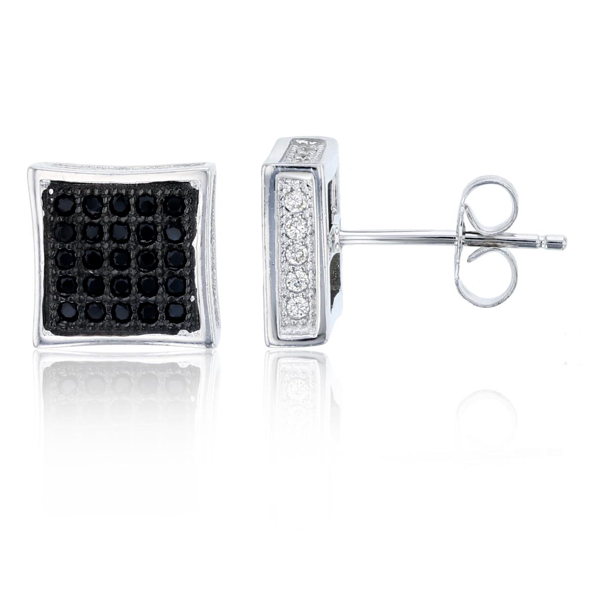 Sterling Silver Black & White 10x10mm 3D Square Micropave Stud Earring
