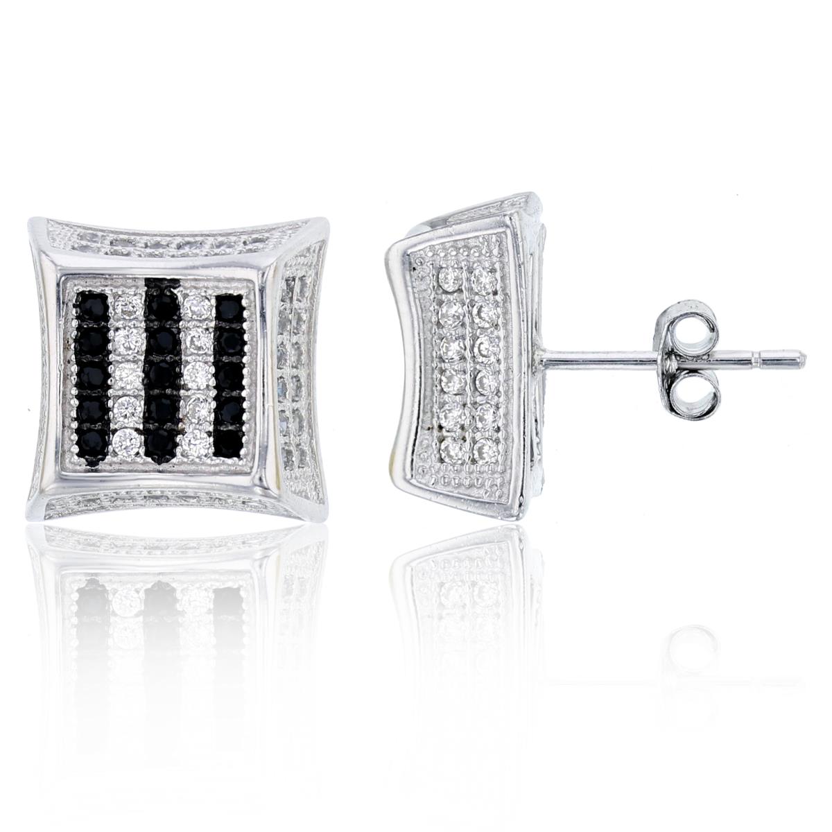 Sterling Silver Black & White 12x12mm Indented Square Stud Earring