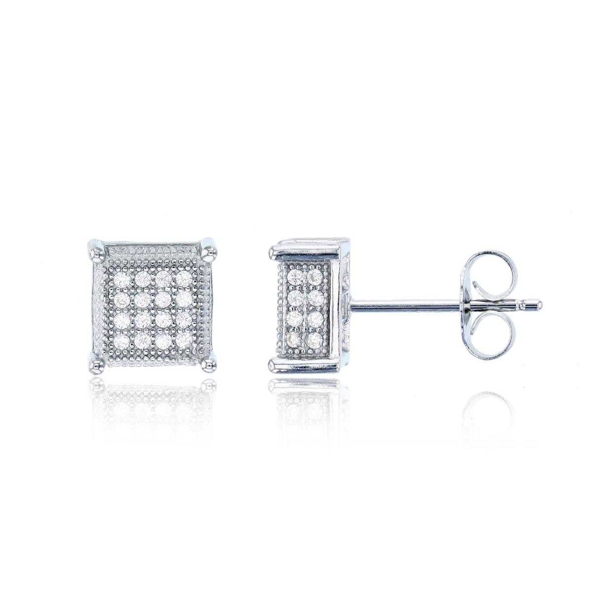 Sterling Silver Rhodium 8x8mm 3D Square Micropave Stud Earring