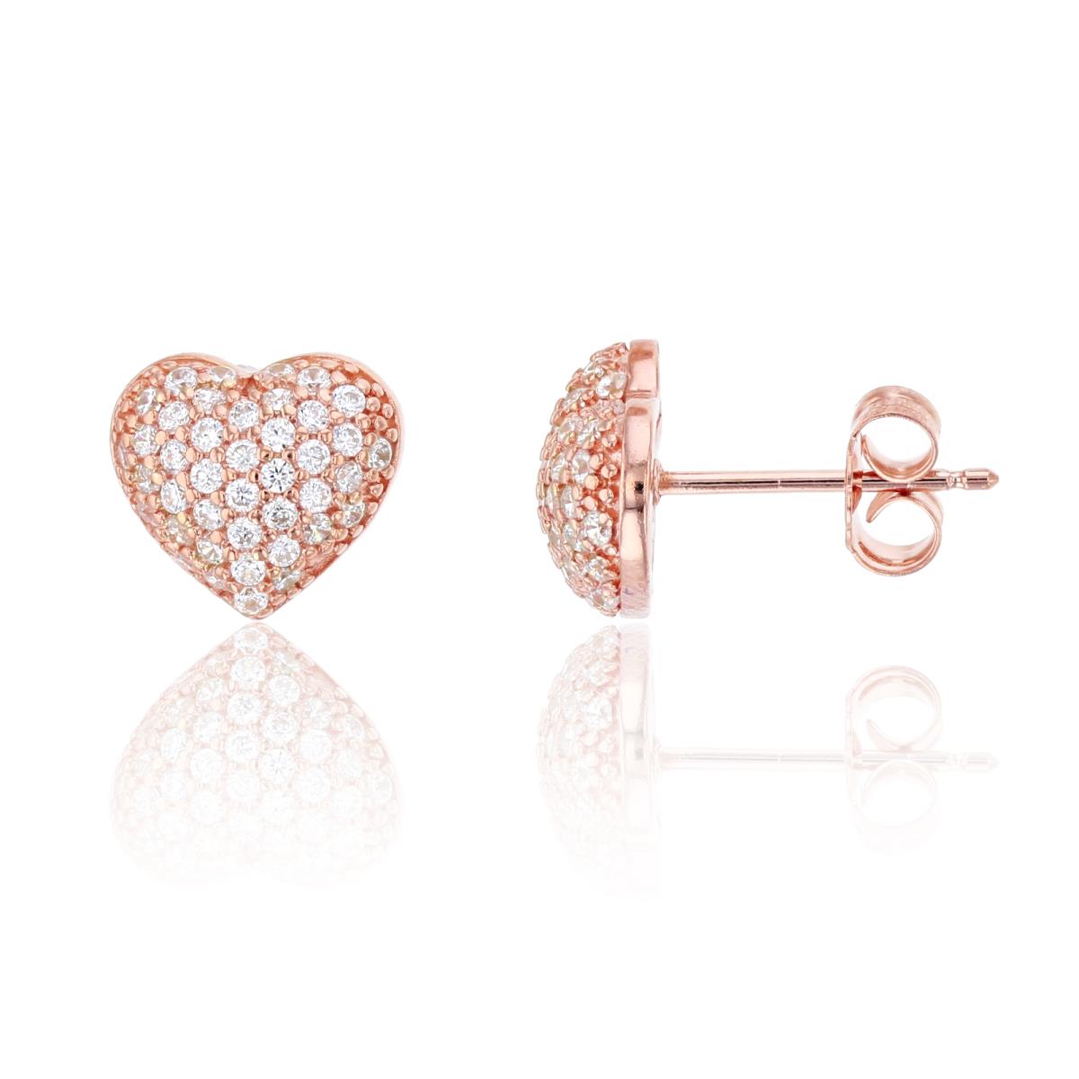 Sterling Silver Rose 10mm Micropave Puffed Heart Stud