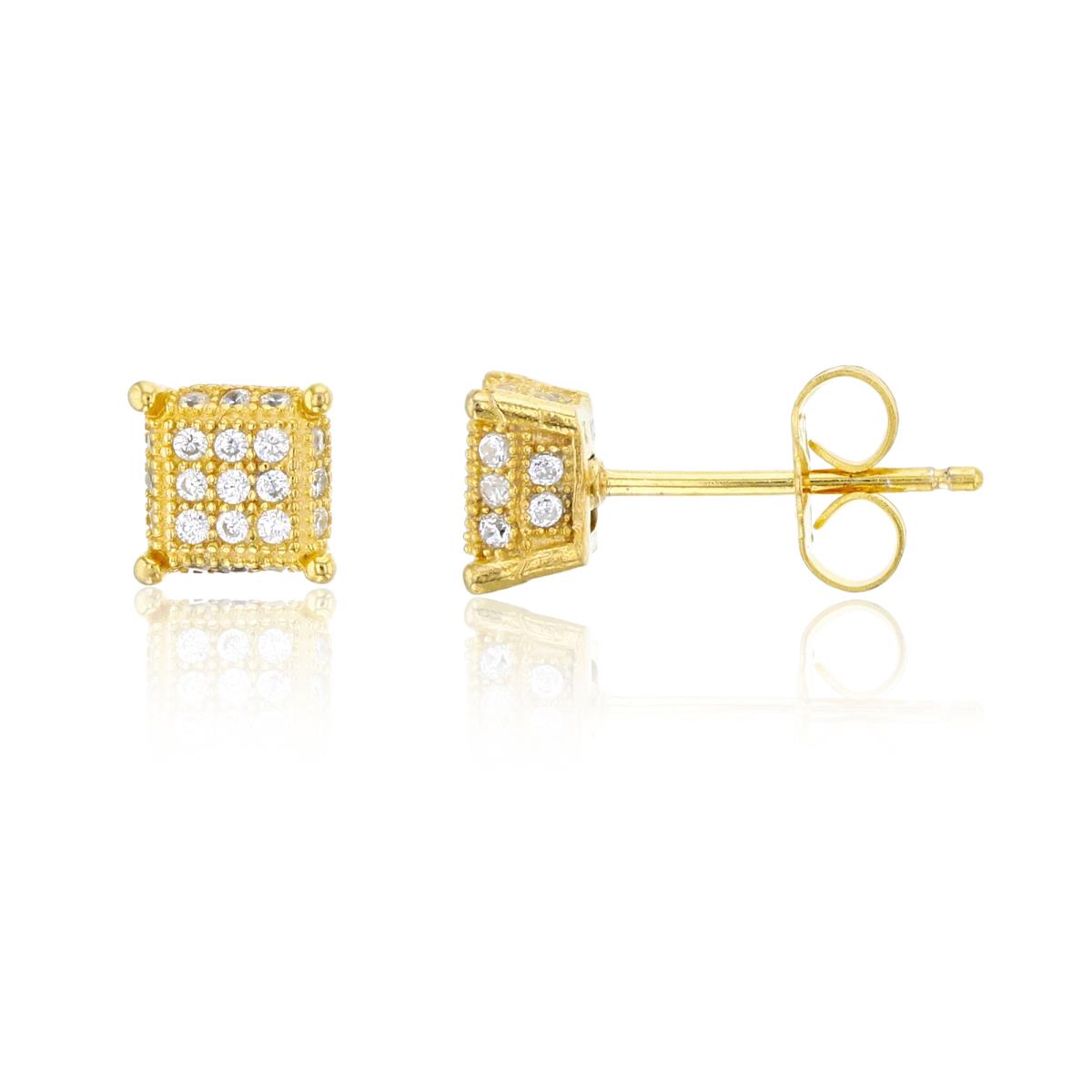 Sterling Silver Yellow 6.4x6.4mm Micropave 3D Square Stud Earring