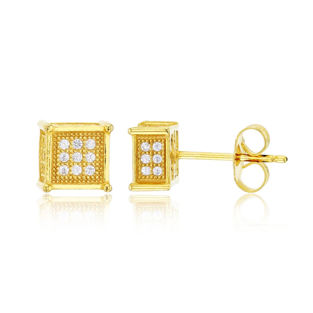 Sterling Silver Yellow 7mm Micropave 3D Square Stud