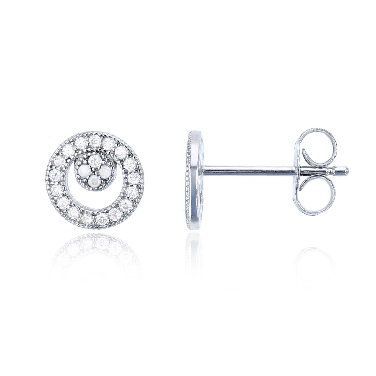 Sterling Silver Rhodium 7.7x7.7mm Micropave Petite Round Stud Earring