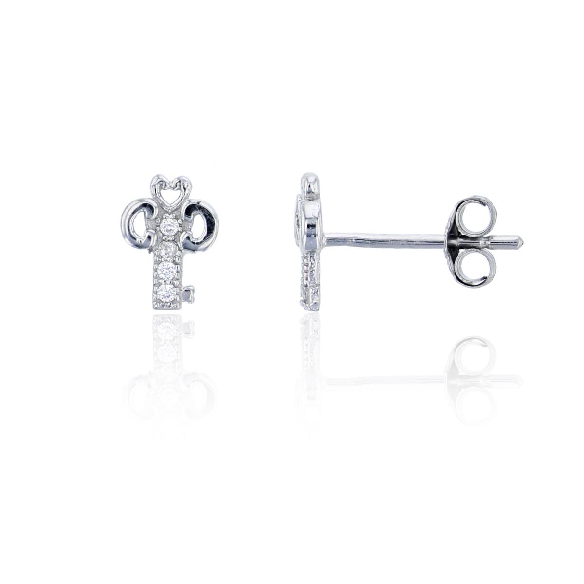Sterling Silver Rhodium 7.4x5mm  Micropave Petite Key Stud Earring