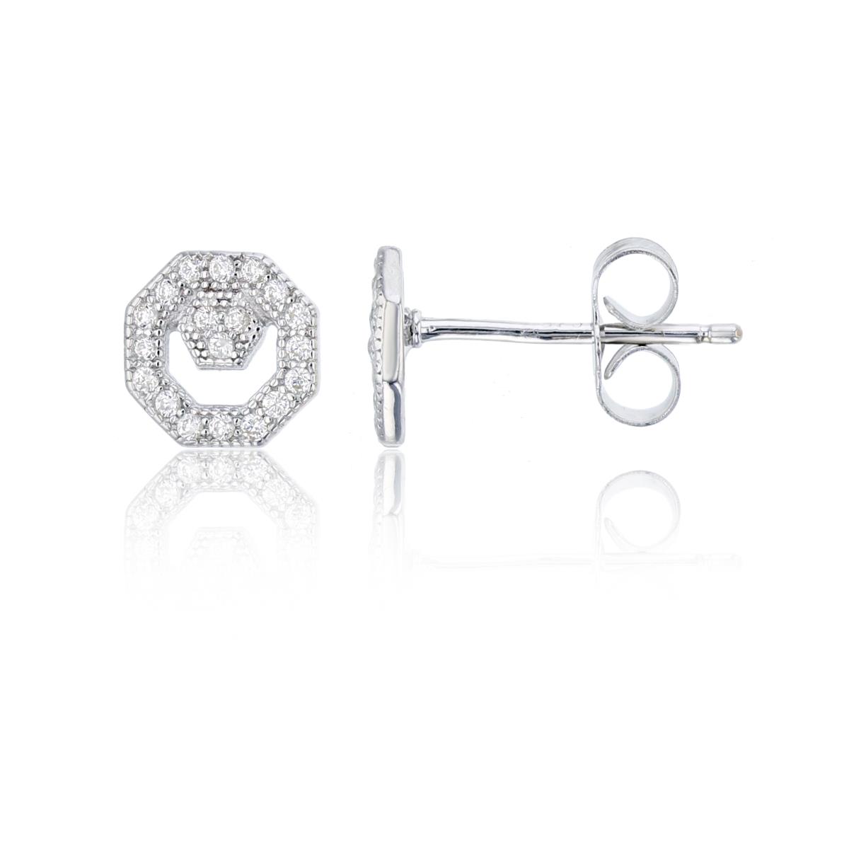 Sterling Silver Rhodium 7.4mm Micropave Petite Octagon Stud Earring