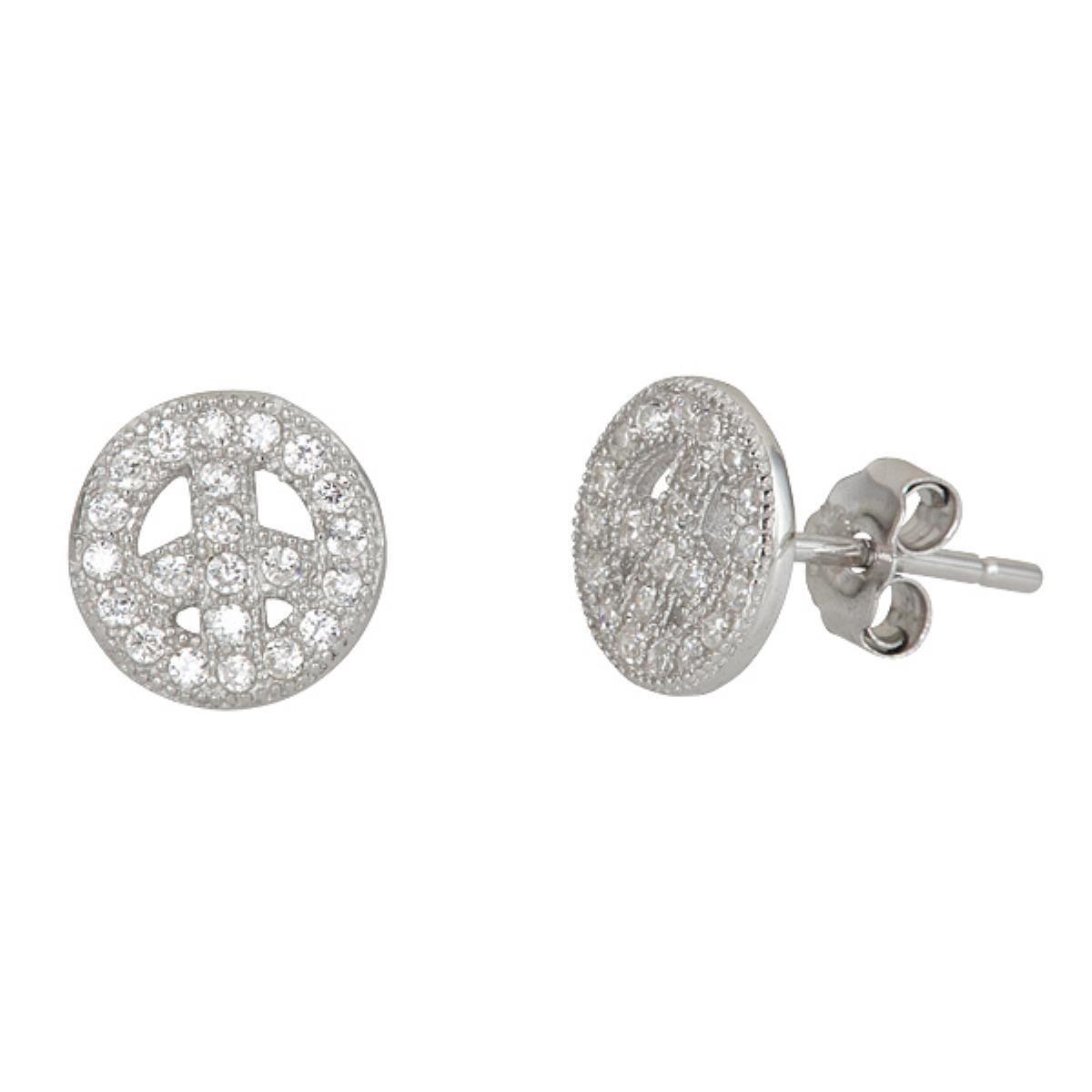 Sterling Silver Rhodium 7.6mm Micropave Petite Round Peace Sign Stud Earring