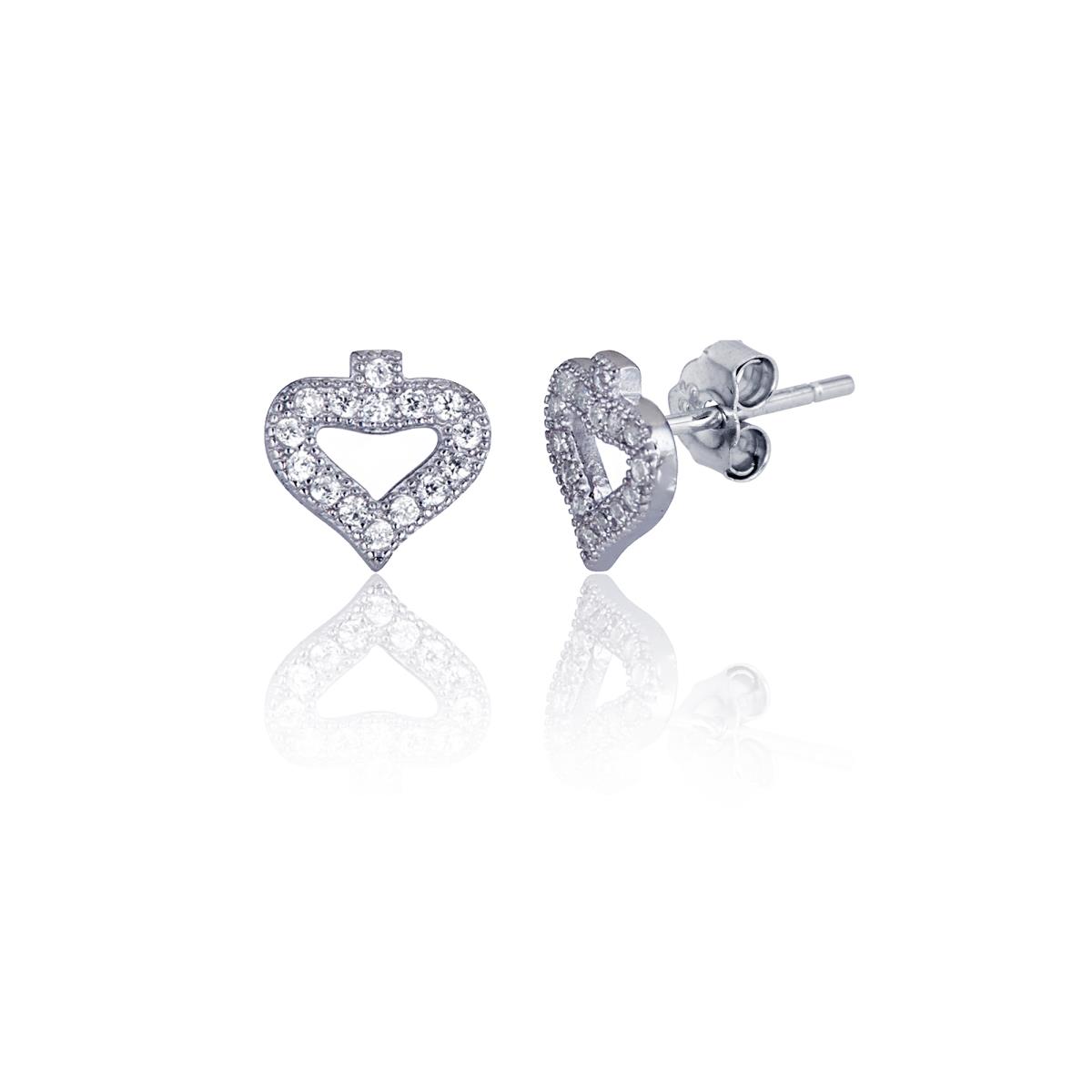 Sterling Silver Rhodium 7.3x7.3mm Micropave Petite Heart Stud Earring
