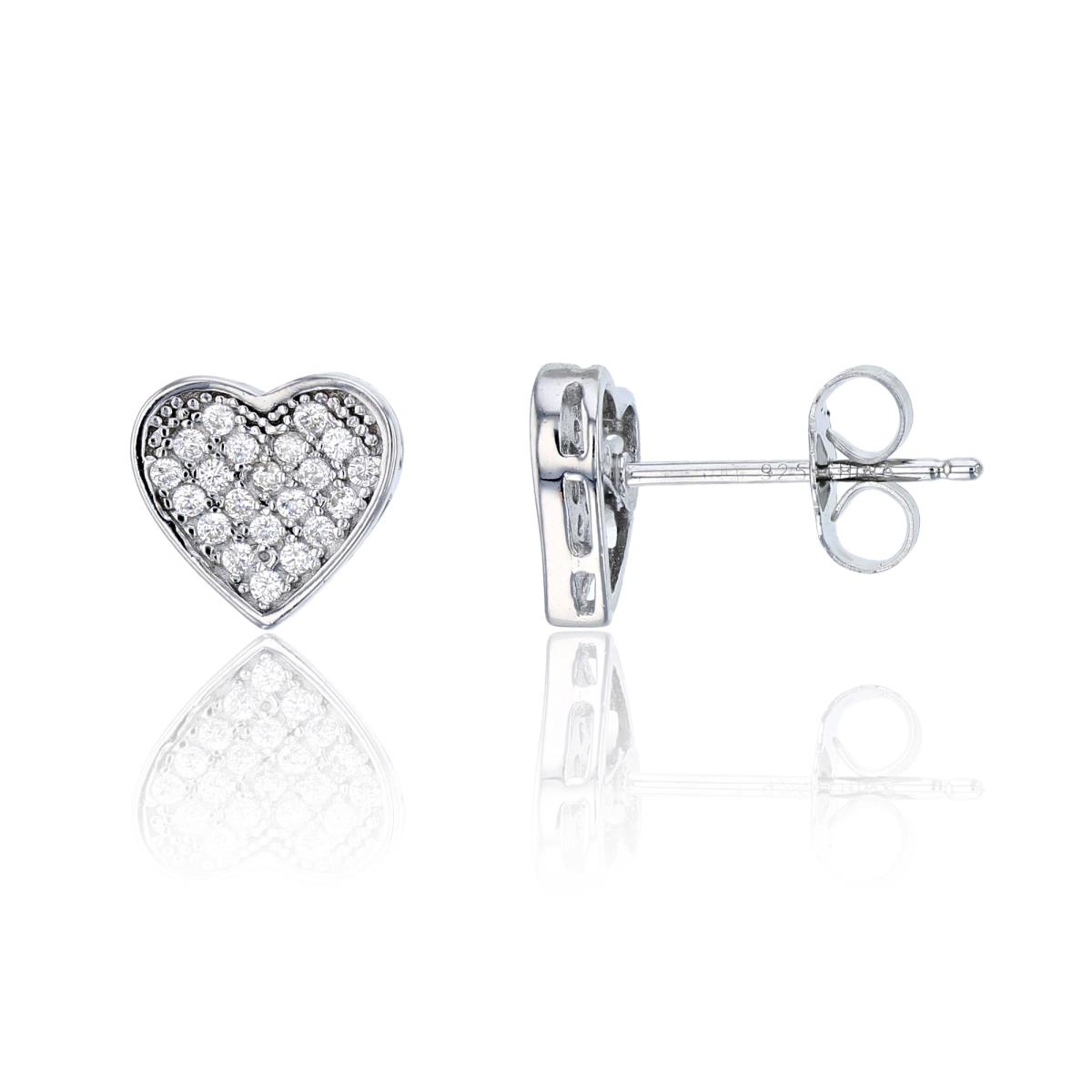 Sterling Silver  Rhodium 10.10x11.10mm Micropave Heart Stud Earring
