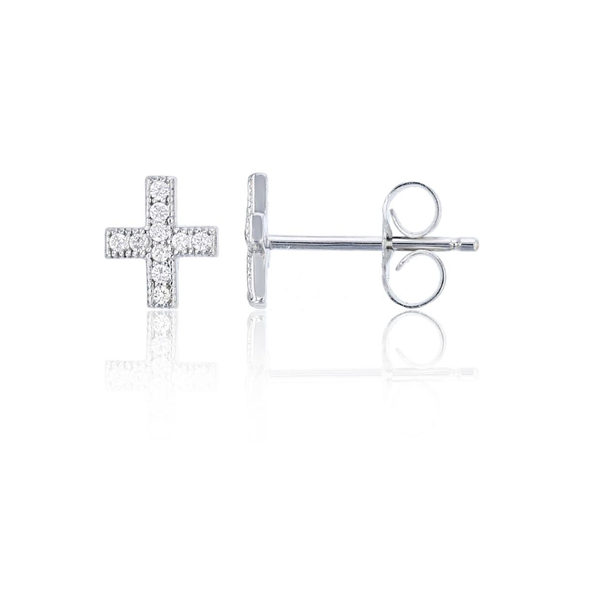 Sterling Silver 7.2x7.2mm Micorpave Petite Cross Stud Earring