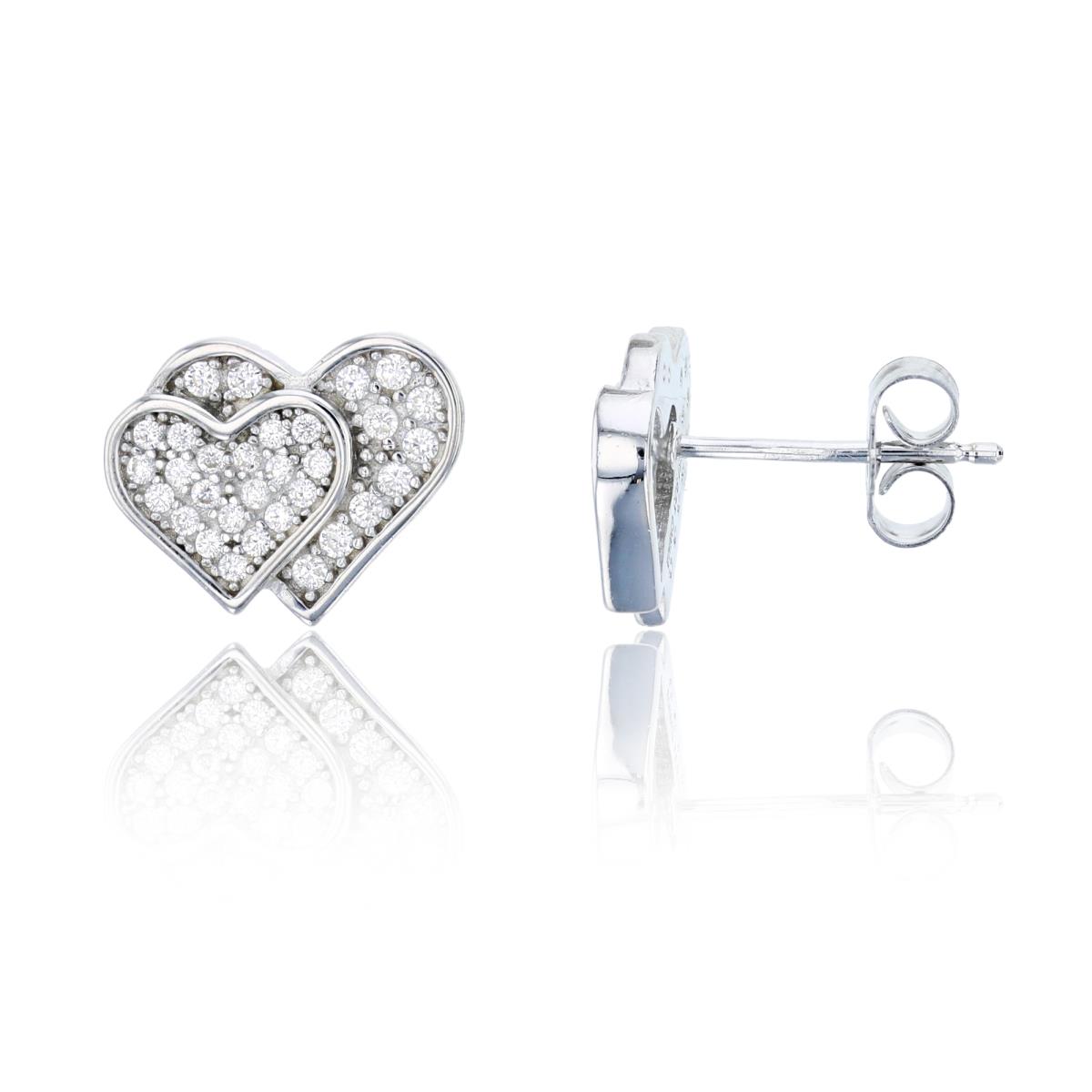 Sterling Silver 13.4x11mm Pave Double Heart Stud