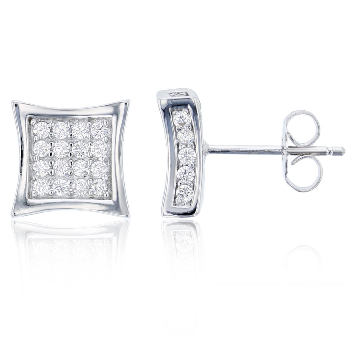 Sterling Silver 10.3x10.3mm  3D Pave Square Stud Earring