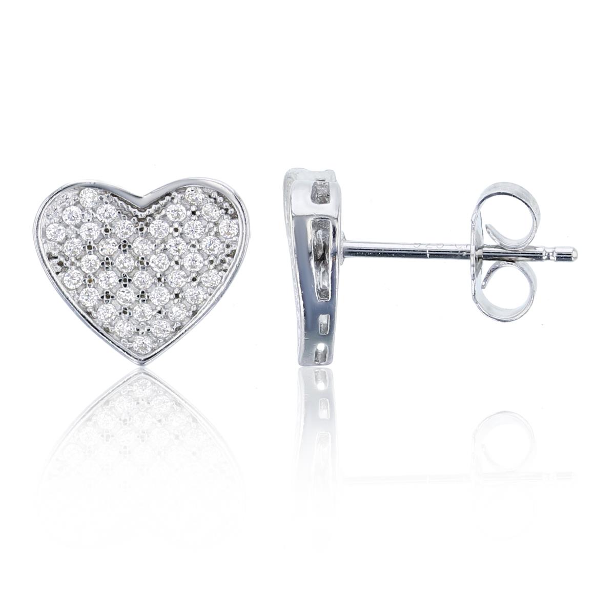 Sterling Silver 11.10x10.2mm Pave Heart Stud Earring