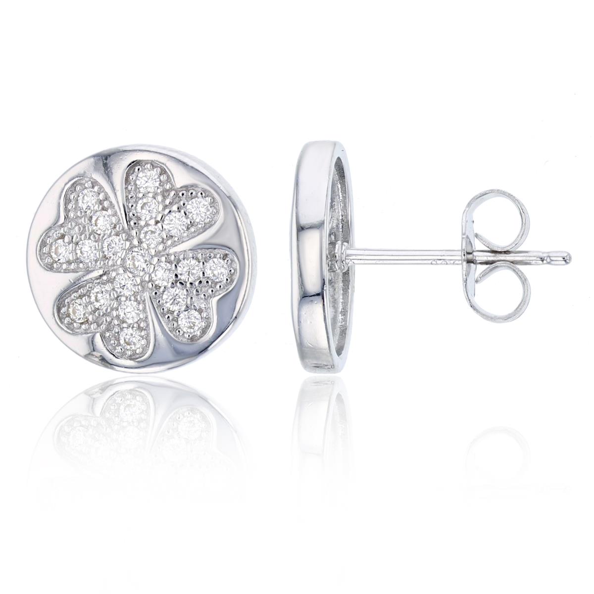 Sterling Silver 12mm Round Clover Pave Stud Earring